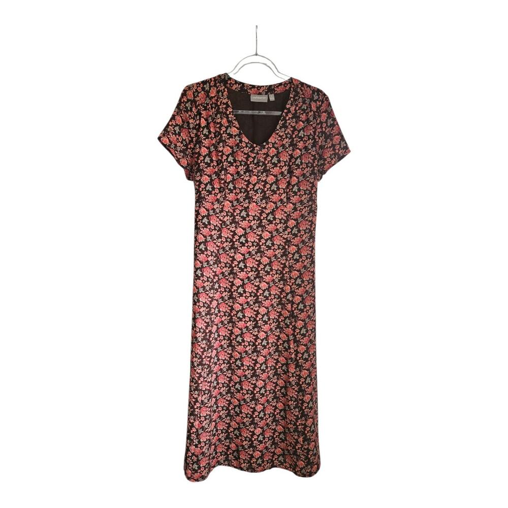 Croft & Barrow Dress Size 12 Midi Dark Brown Floral S/S Tie Back V-Neck Prarie